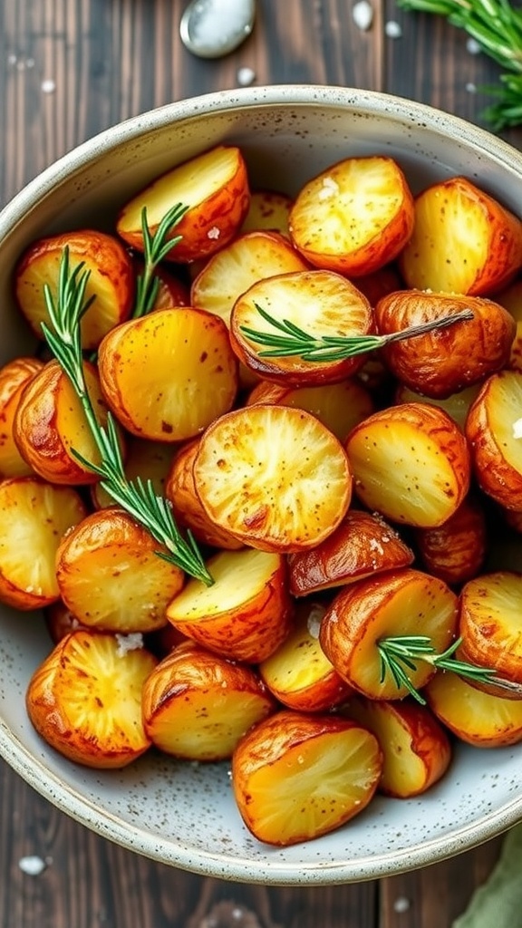 Crispy Air Fryer Roast Potatoes Recipe Crispy roast potatoes from the air fryer, garnished with rosemary, in a bowl on a wooden table.